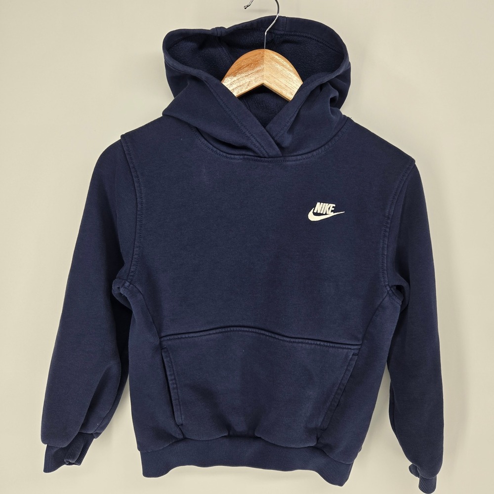 Nike Hoodie Kids Medium Navy Blue Fleece Pullover Embroidered Logo Sportswear